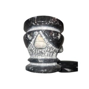 Orthoceras Fossil Mortar and Pestle Set Hand Carved Black Marble Stone Decor